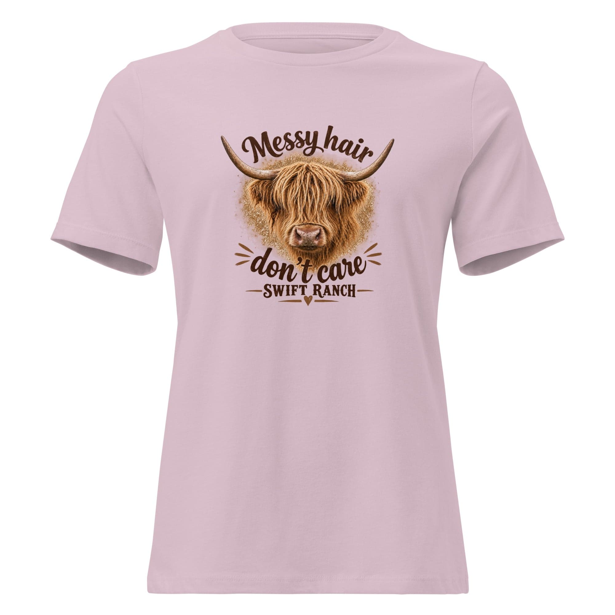 Light violet relaxed fit t-shirt featuring Annye the Highland cow with "Messy Hair Don't Care" text
