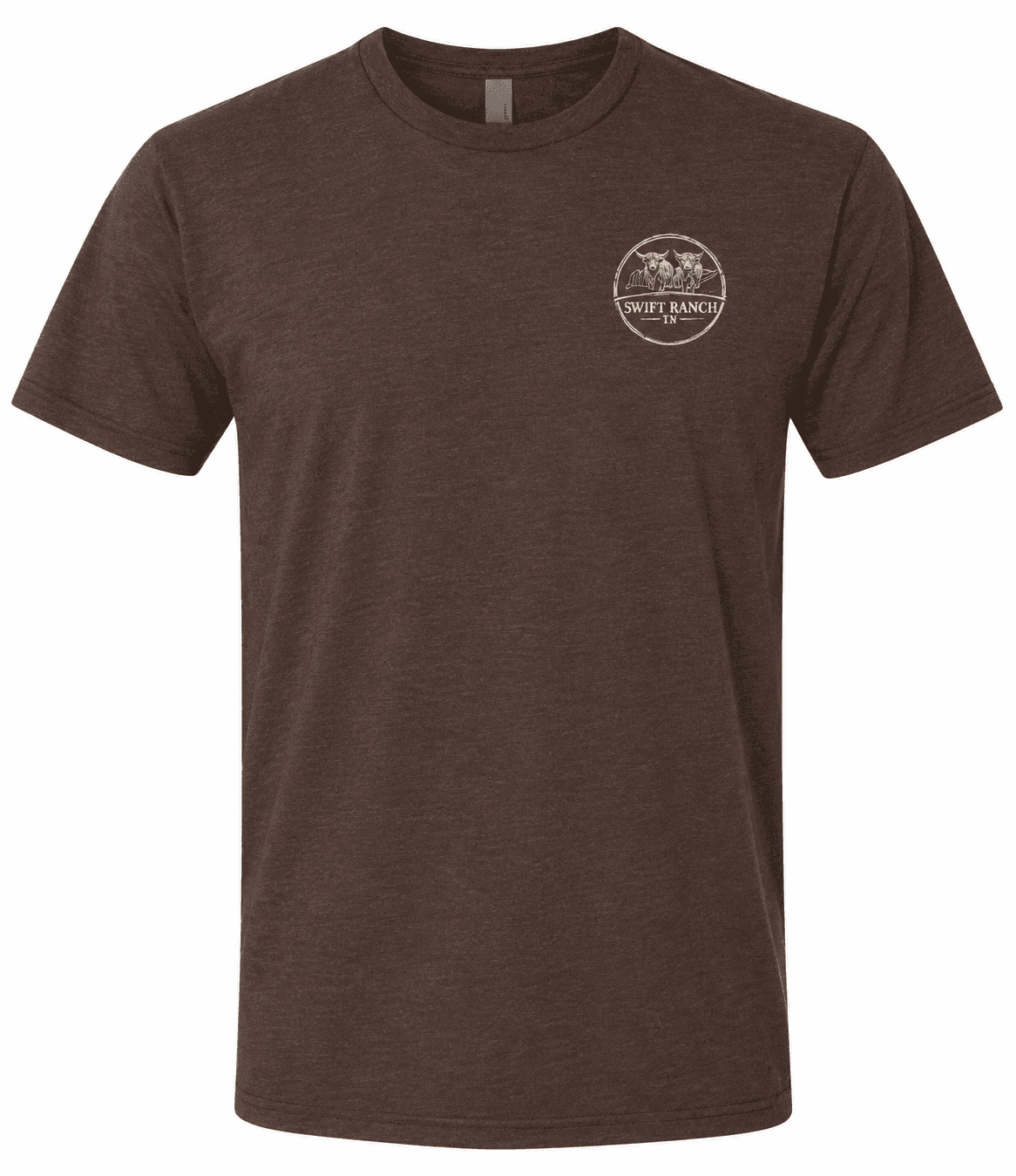 Brown tri-blend t-shirt with Swift Ranch circular logo on front