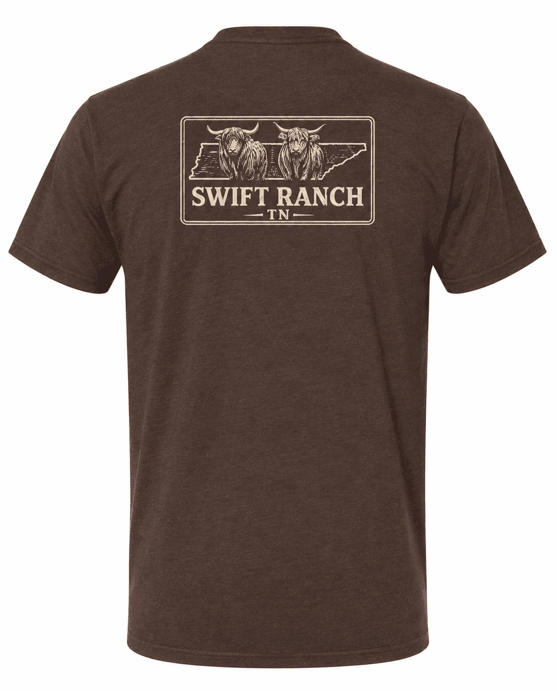 Brown tri-blend t-shirt showing back with Swift Ranch highland cow graphic