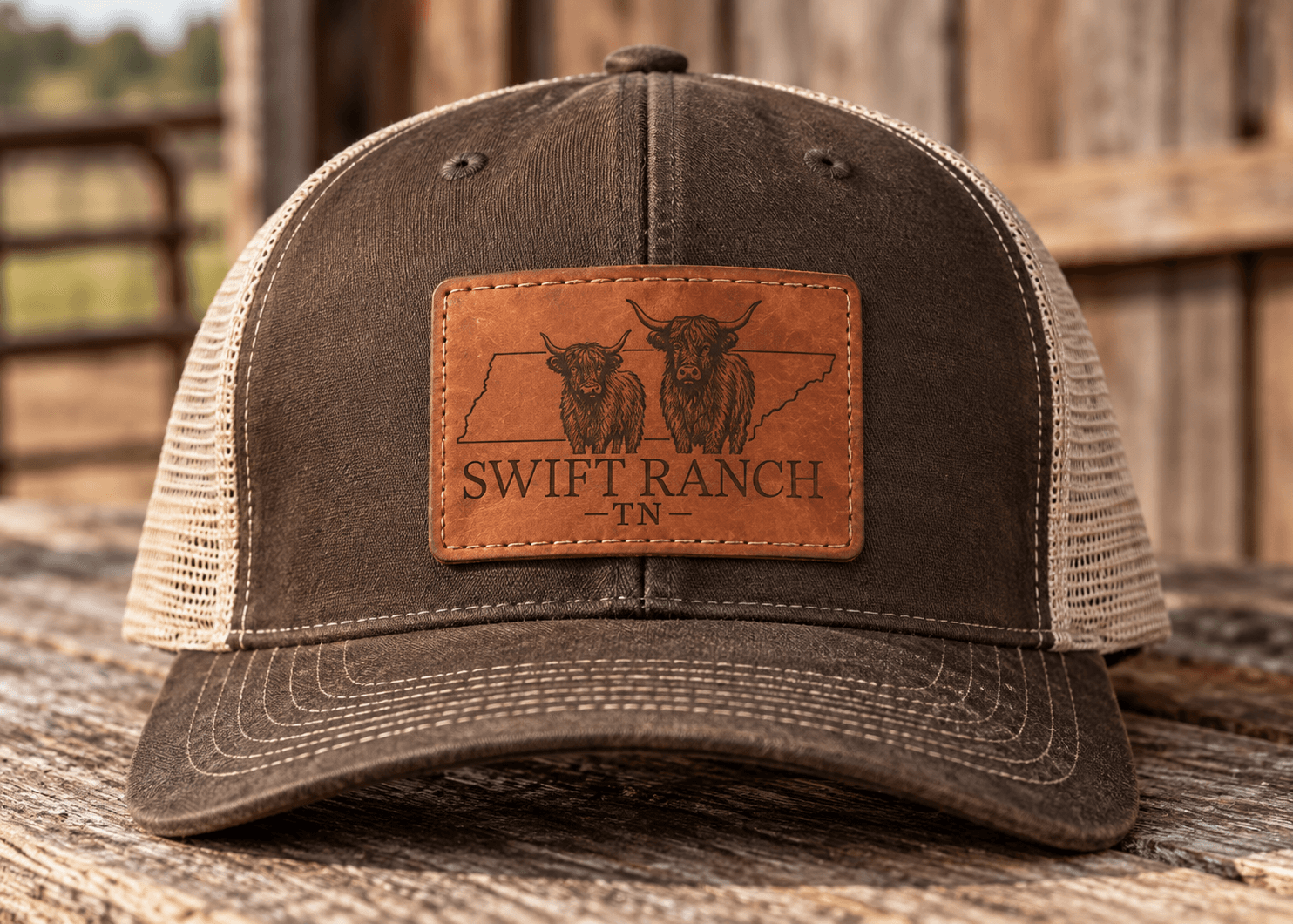 Trucker hat with Swift Ranch leather patch logo