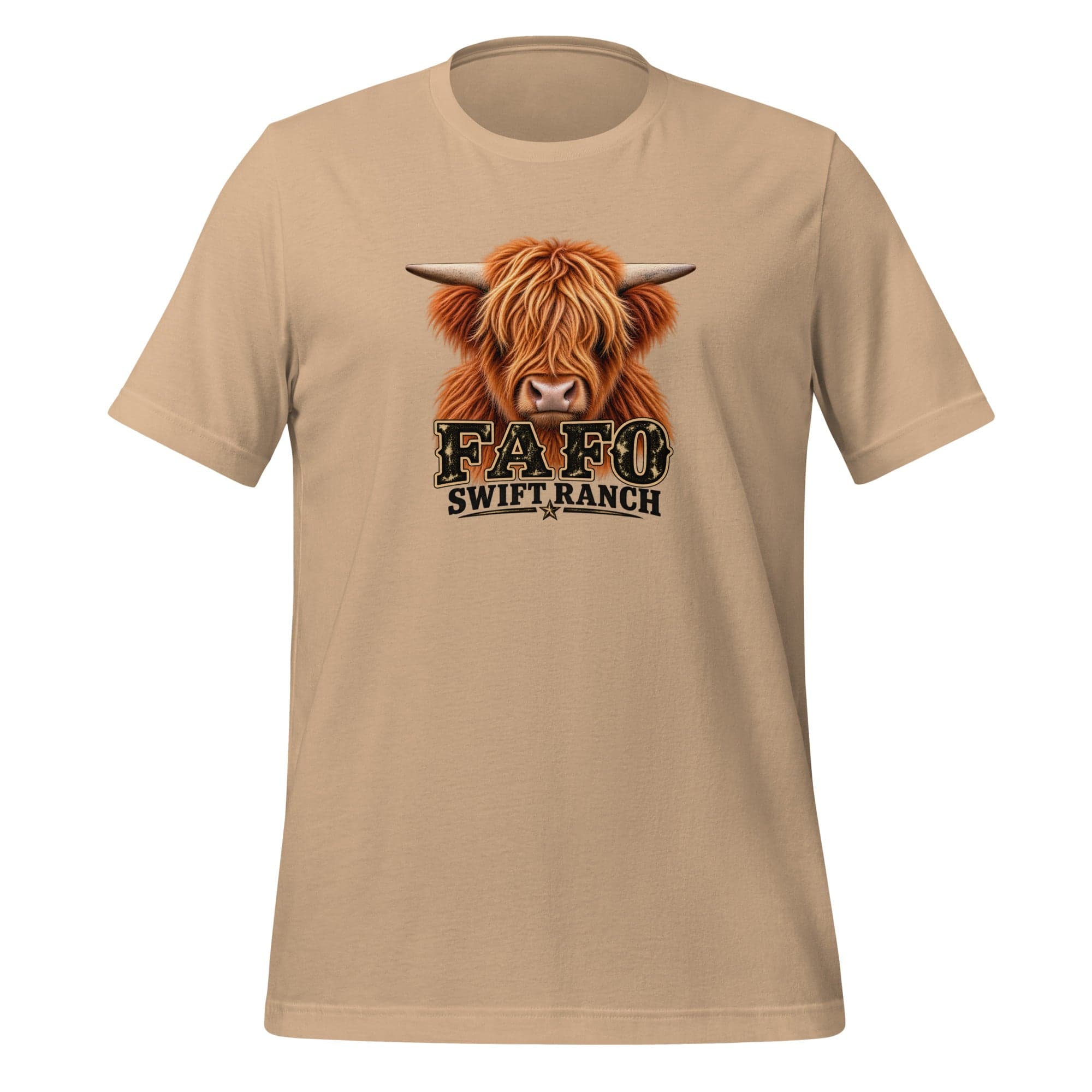 Tan unisex t-shirt front with Rusty FAFO Highland bull graphic